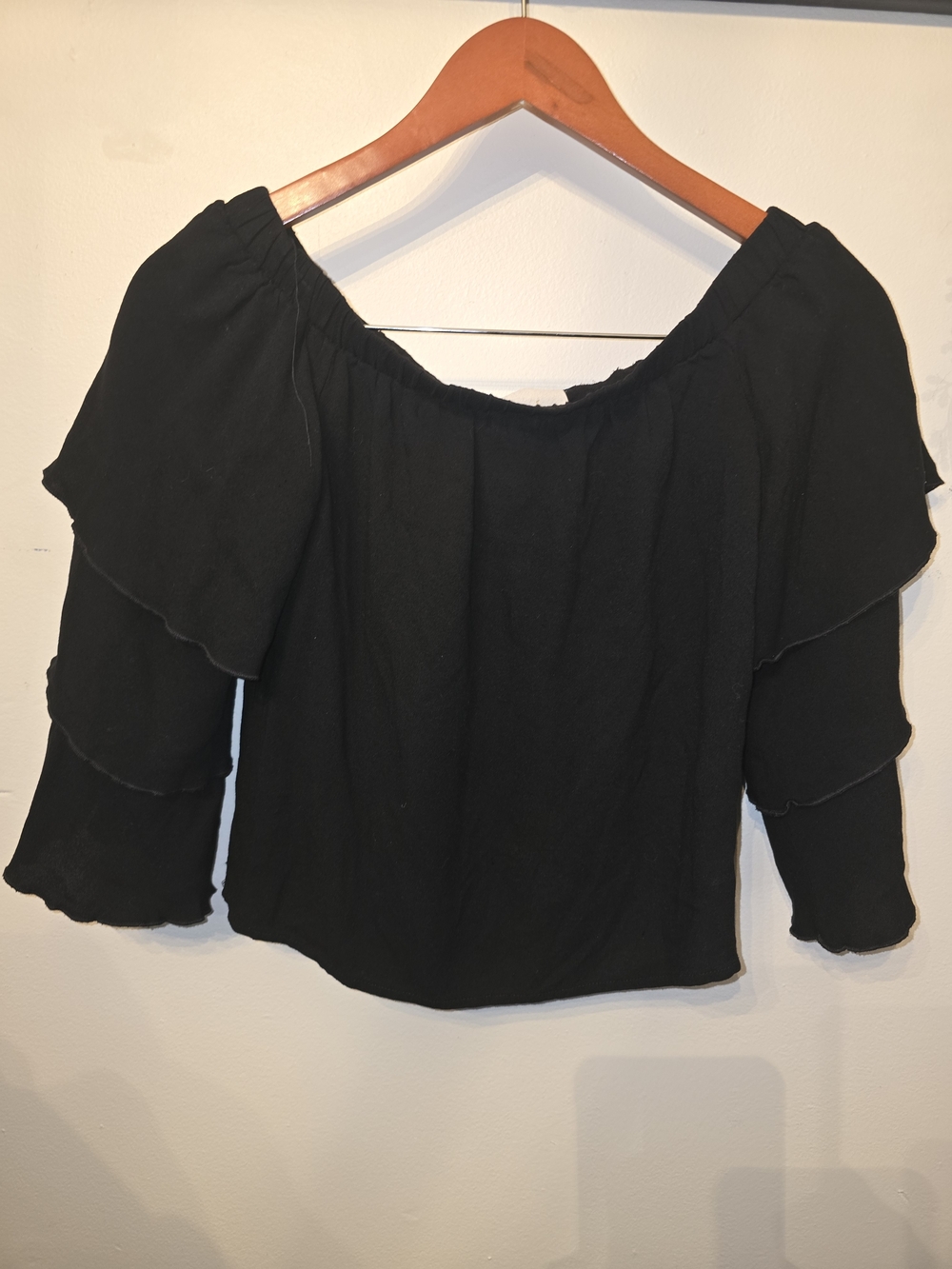 7 For All Mankind Black Off-Shoulder Layered Ruffle Top